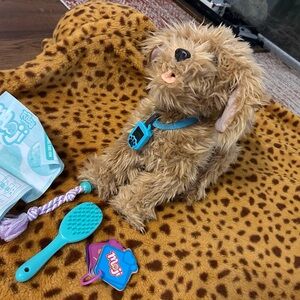 Interactive Tan Plush Dog Toy with Blue Collar